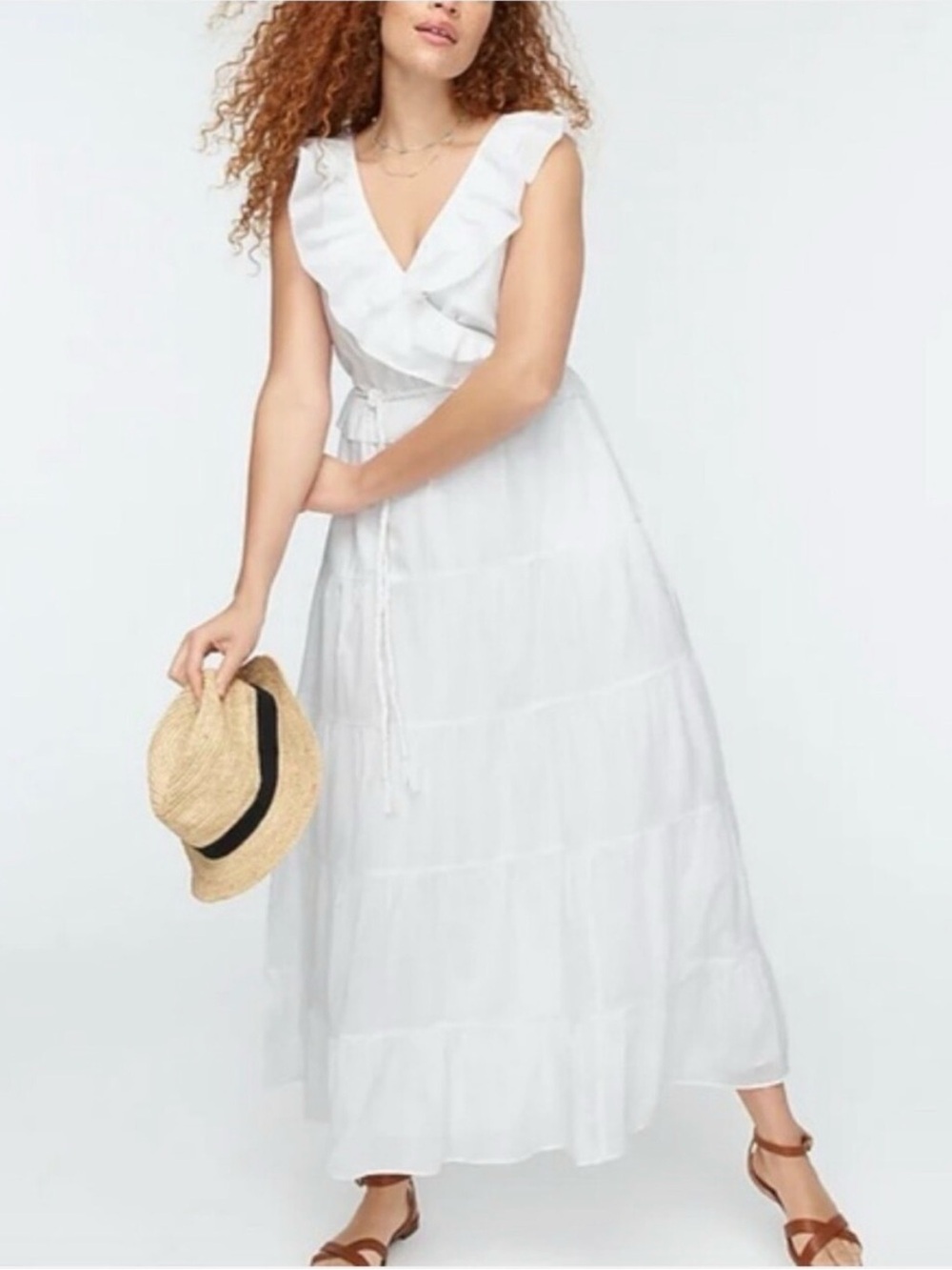 J. Crew White Ruffle Front Tiered Maxi Dress White Size 14